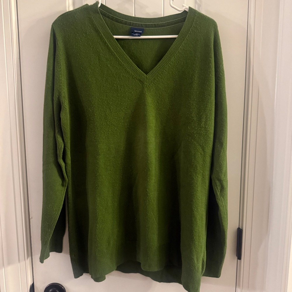 Basic Editions Green V-Neck Sweater Womens XL Acrylic Knit Long Sleeve Pullover